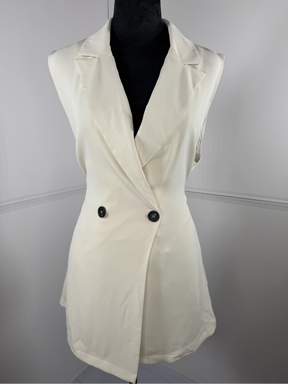 NWT Melloday Ivory Sleeveless Longline Blazer Vest Tie Waist Size Medium - Picture 2 of 11